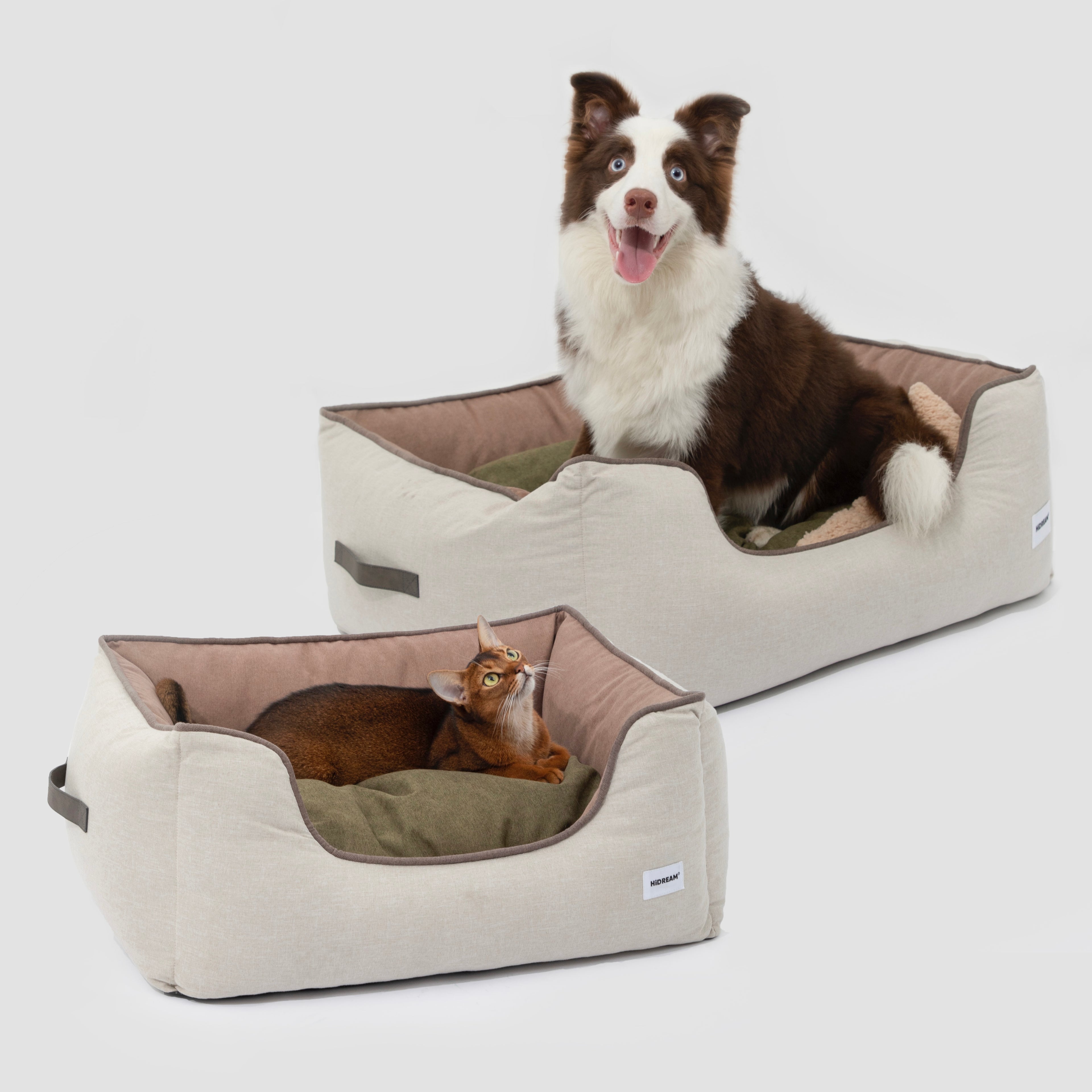 HiDREAM Four-Season Pet Bed in two sizes with dog and cat resting. Spacious, washable and cozy nest for multi-pet households.