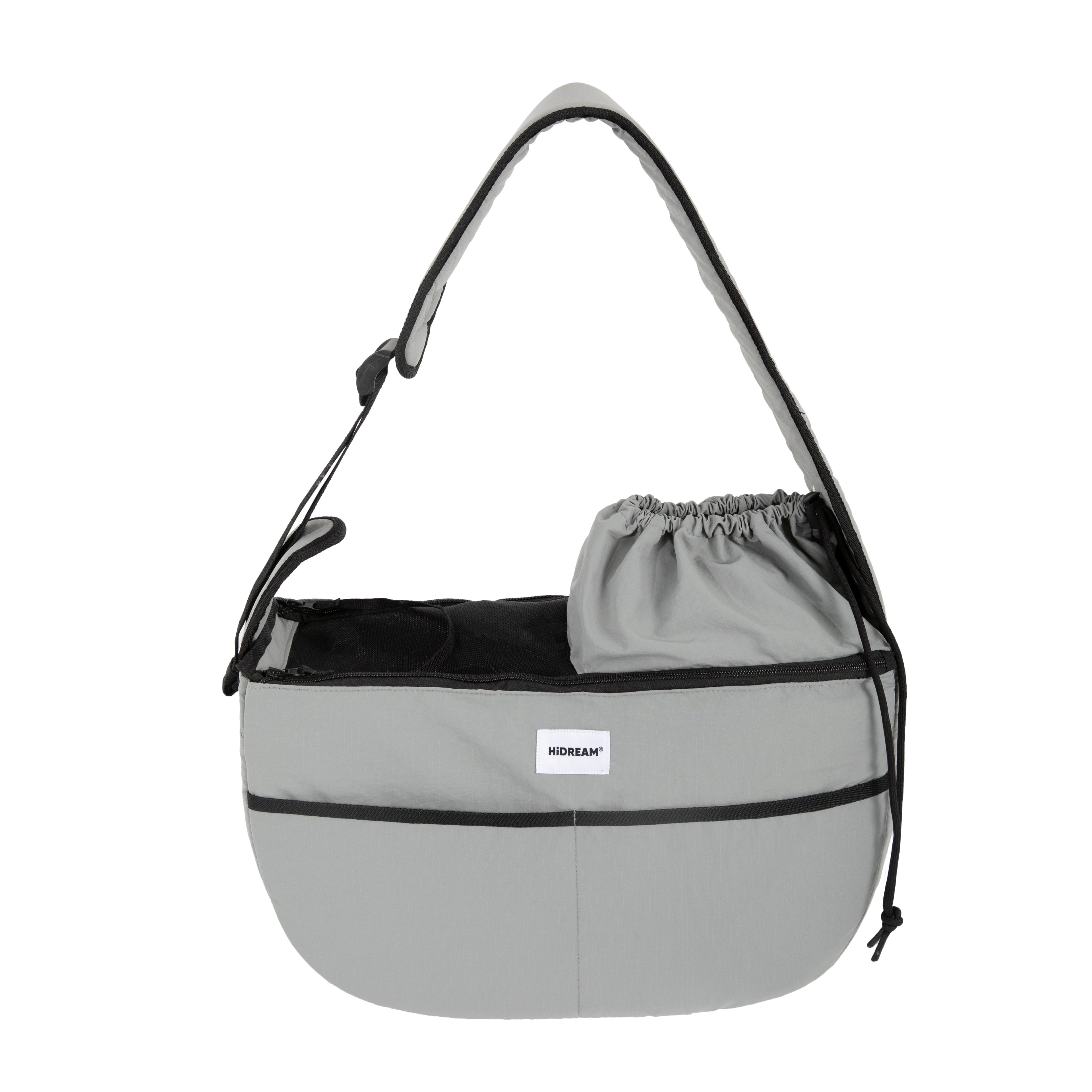 HiDREAM Crossbody Pet Carrier Tote in grey, featuring a spacious, ergonomic design for pets up to 7kg. Lightweight and waterproof for daily use.