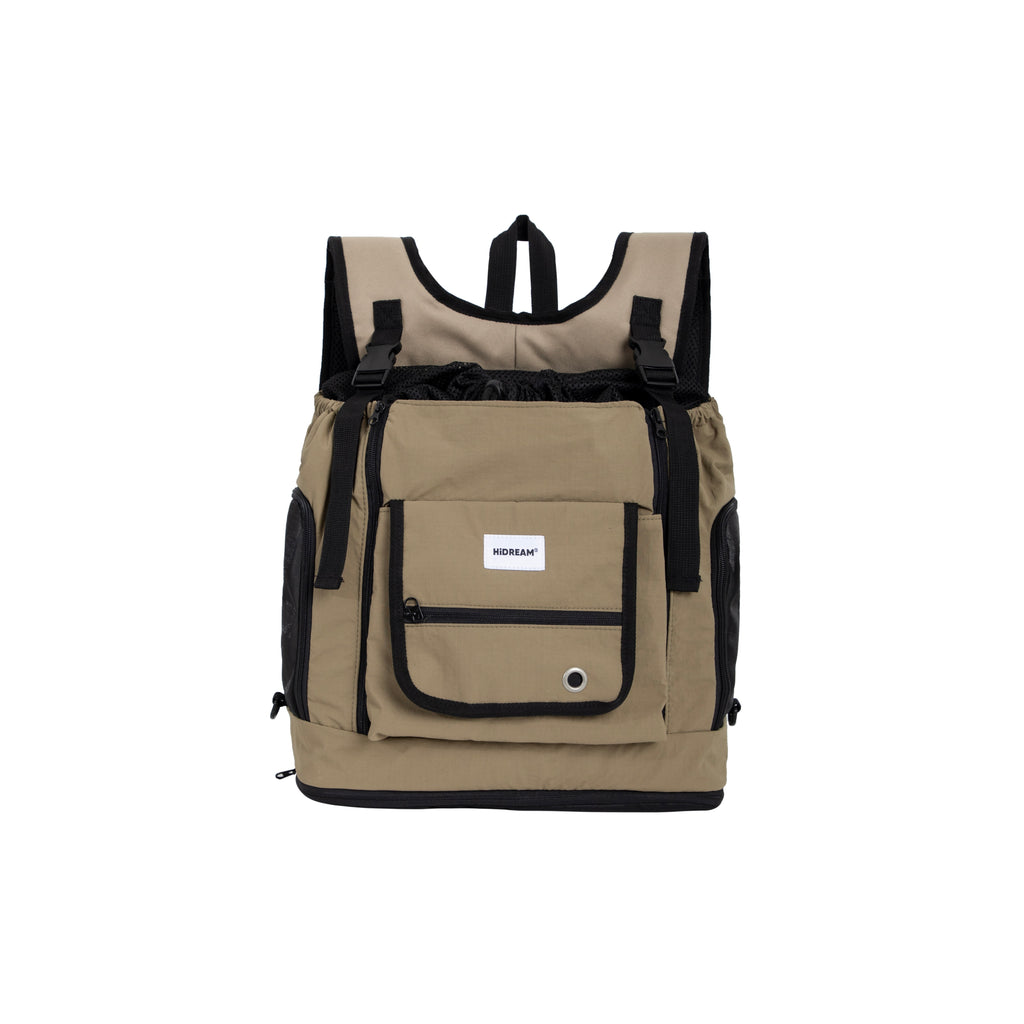 HiDREAM Mountain Series Chest Pet Tote in khaki, escape-proof pet backpack with breathable mesh sides and front storage pocket.