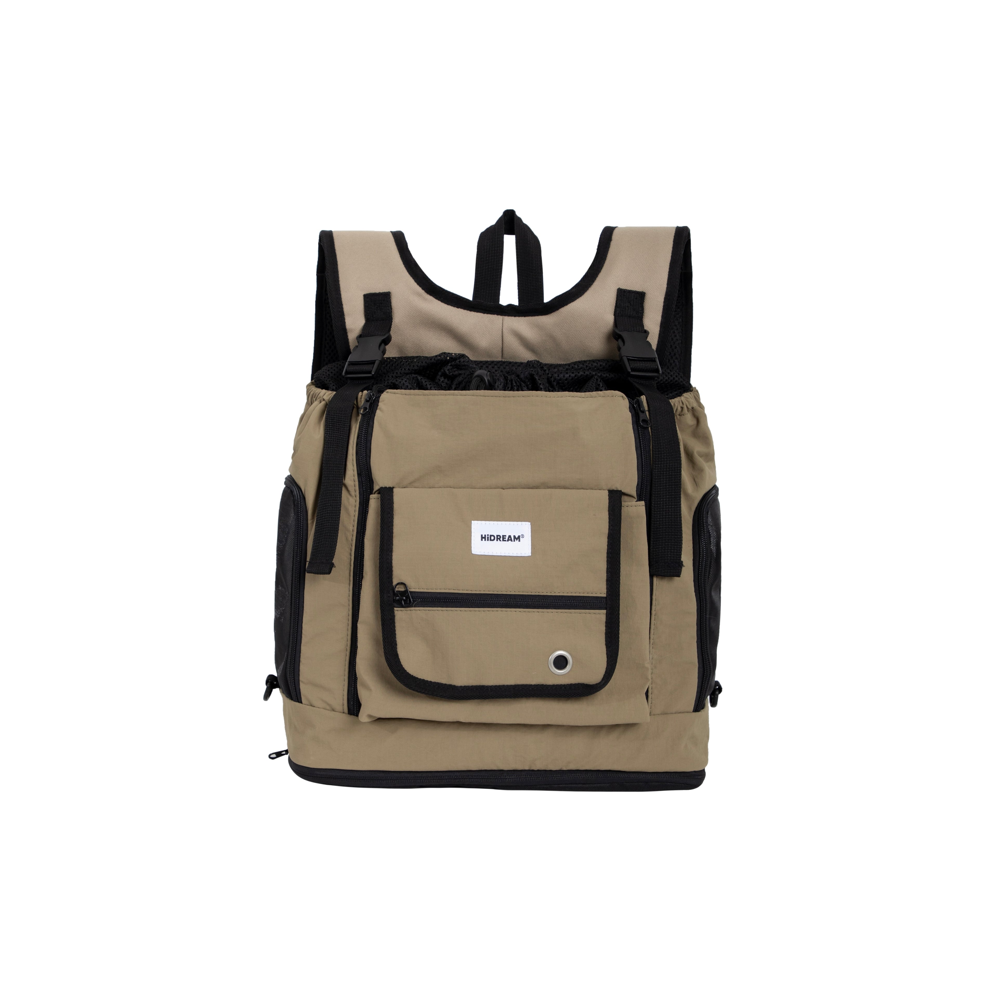 HiDREAM Mountain Series Chest Pet Tote in khaki, escape-proof pet backpack with breathable mesh sides and front storage pocket.
