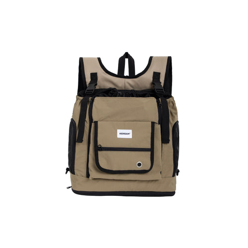 HiDREAM Mountain Series Chest Pet Tote in khaki, escape-proof pet backpack with breathable mesh sides and front storage pocket.