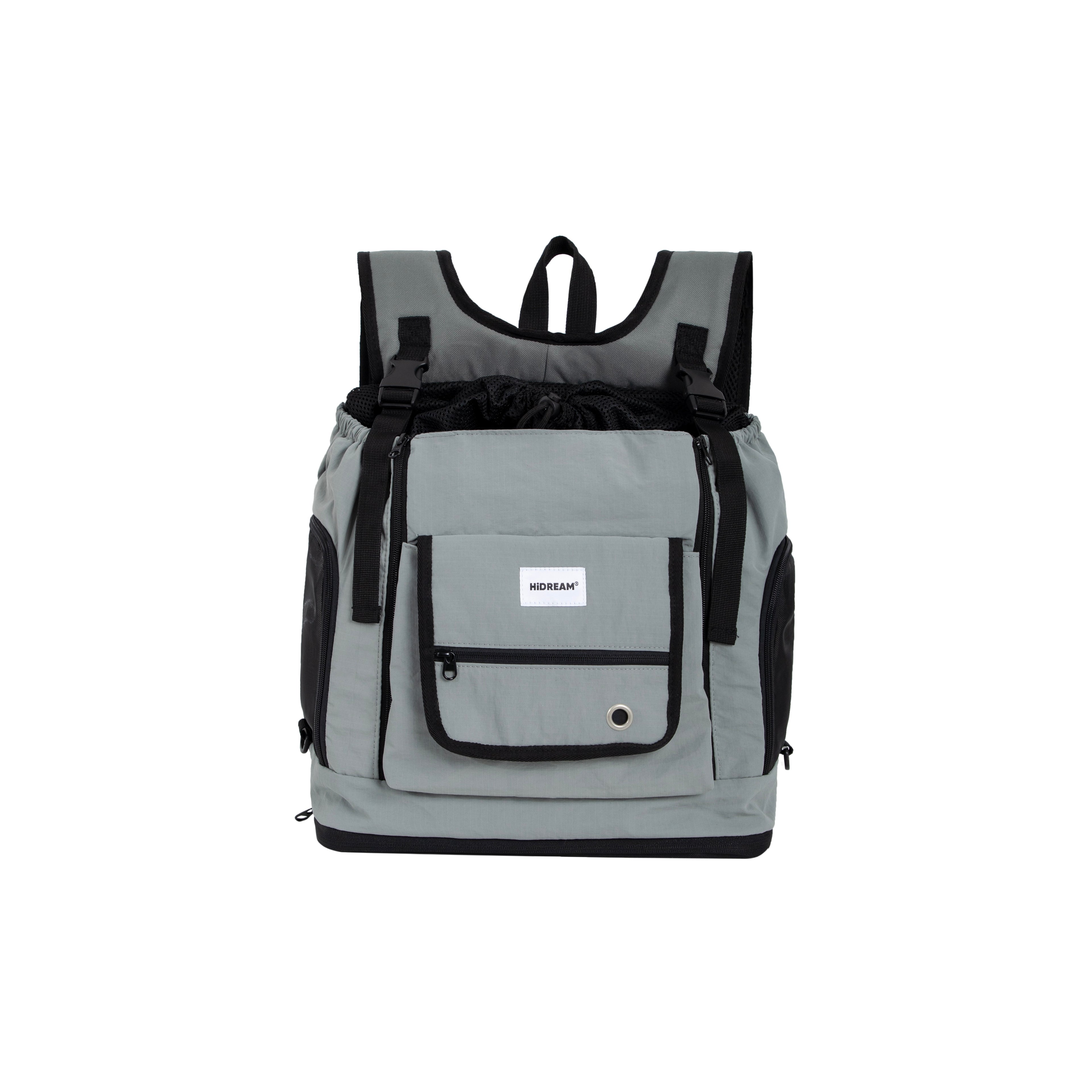 HiDREAM Mountain Series Chest Pet Tote in gray, ergonomic backpack carrier with front pocket and mesh ventilation for pets.