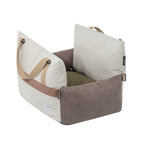 HiDREAM Dog & Cat Car Safety Seat shown empty. Spacious, portable pet bed with durable handles and soft cushioning.