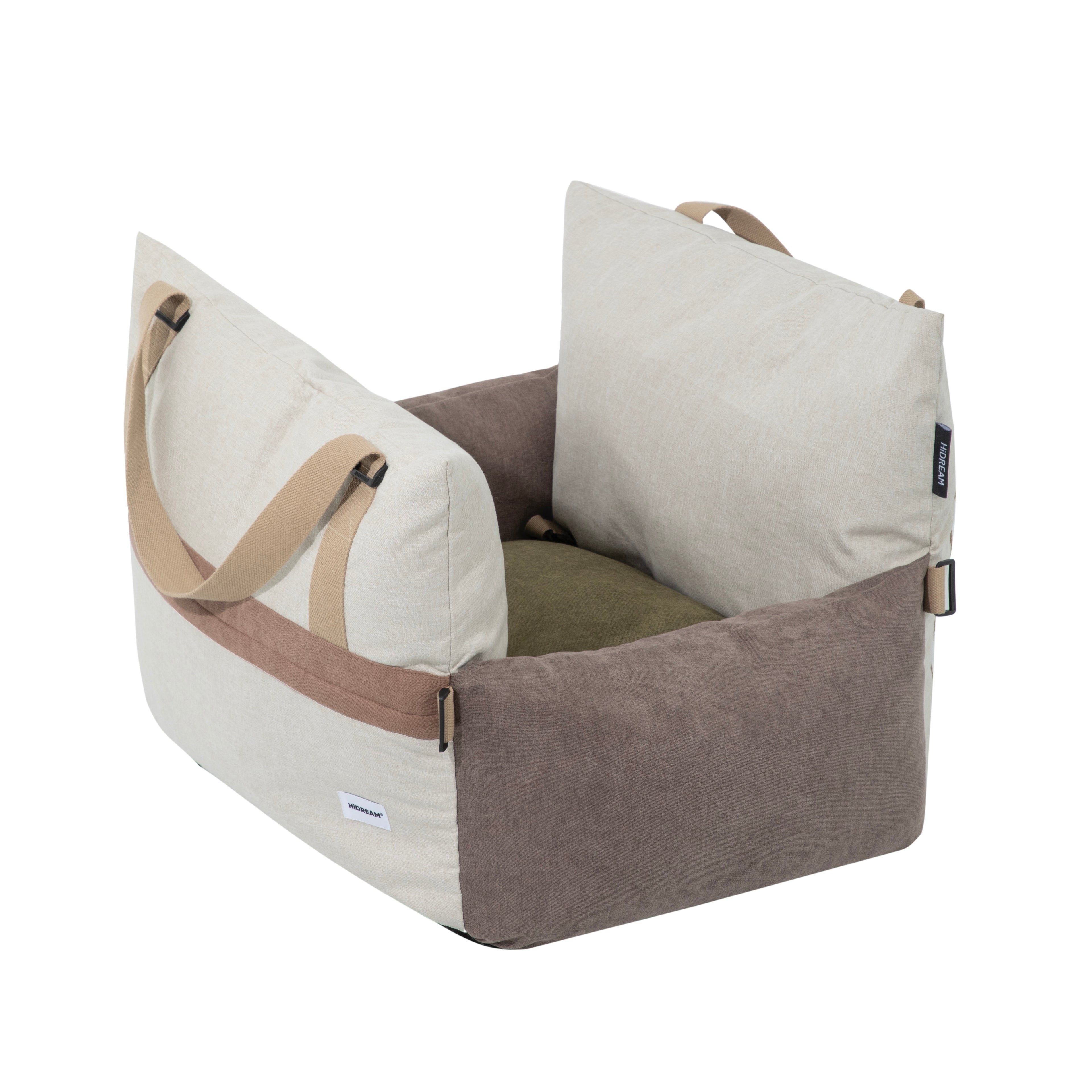 HiDREAM Dog & Cat Car Safety Seat shown empty. Spacious, portable pet bed with durable handles and soft cushioning.