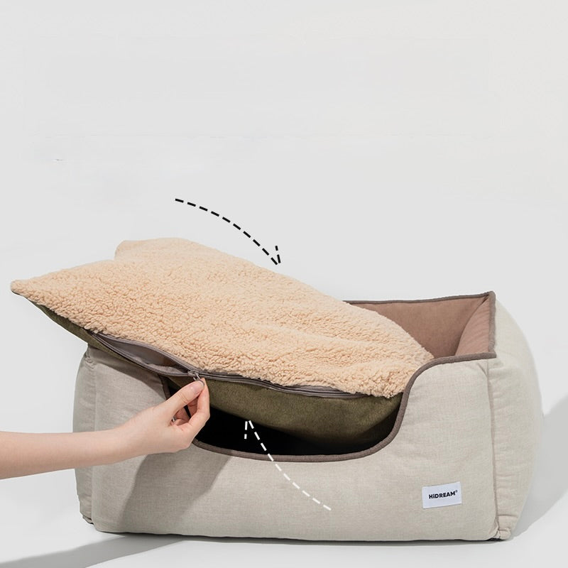 HiDREAM Four-Season Pet Bed with removable dual-sided cushion. Washable and reversible design for year-round pet comfort.