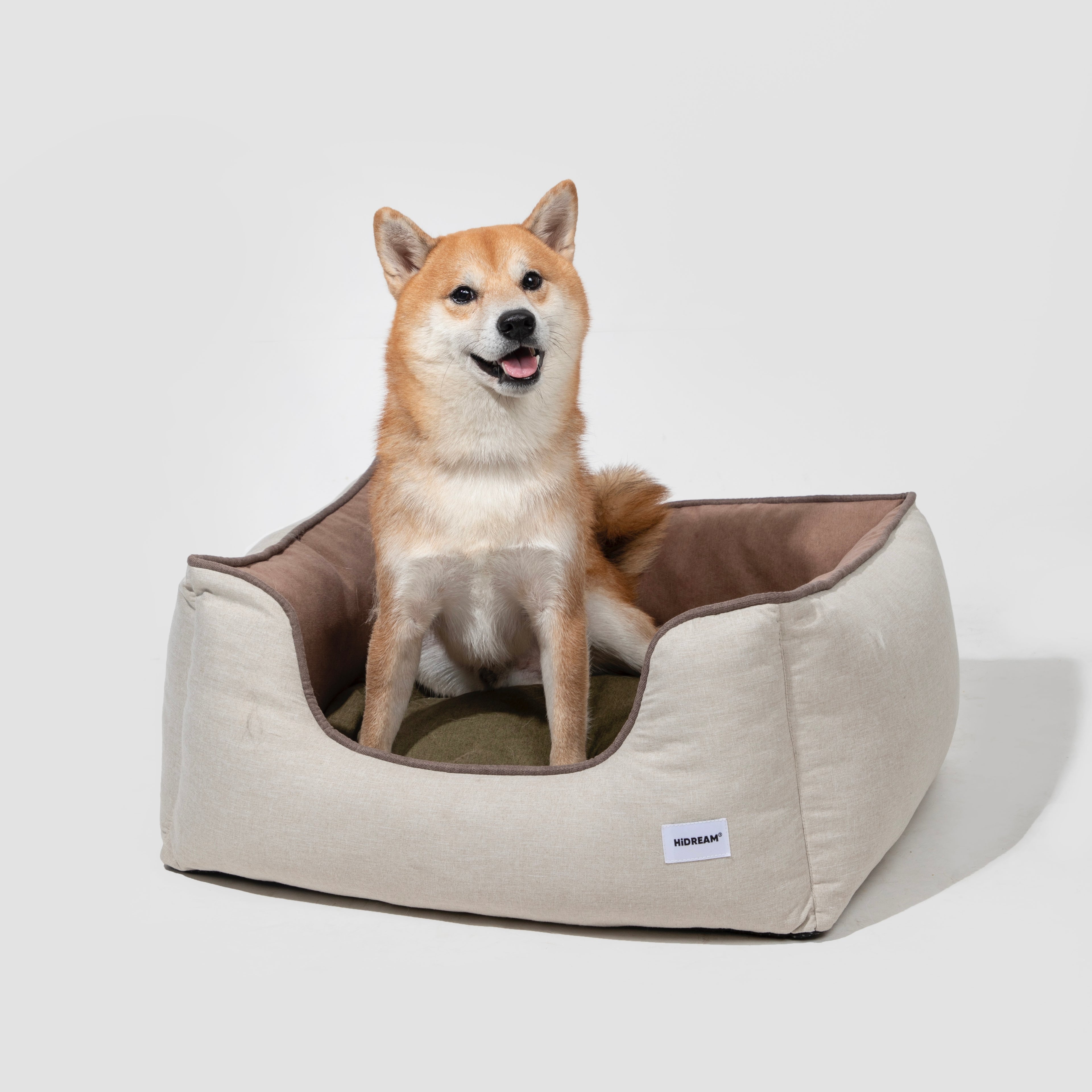 HiDREAM Four-Season Pet Bed with Shiba Inu sitting upright on soft green cushion. Durable, portable pet bed for all seasons.