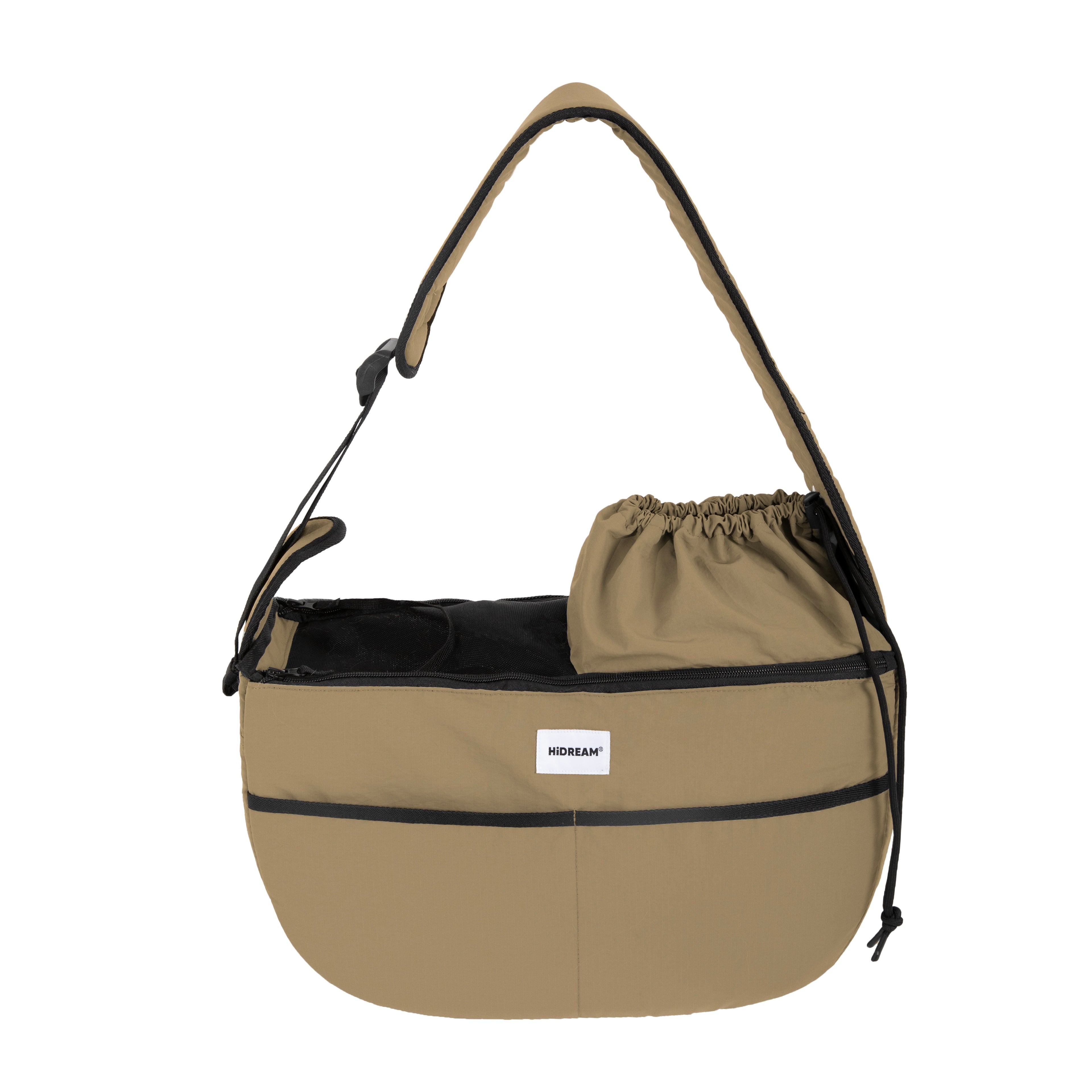 HiDREAM Crossbody Pet Carrier Tote in khaki, escape-proof and ergonomic for cats and dogs. Ideal for hands-free pet travel and outdoor adventures.