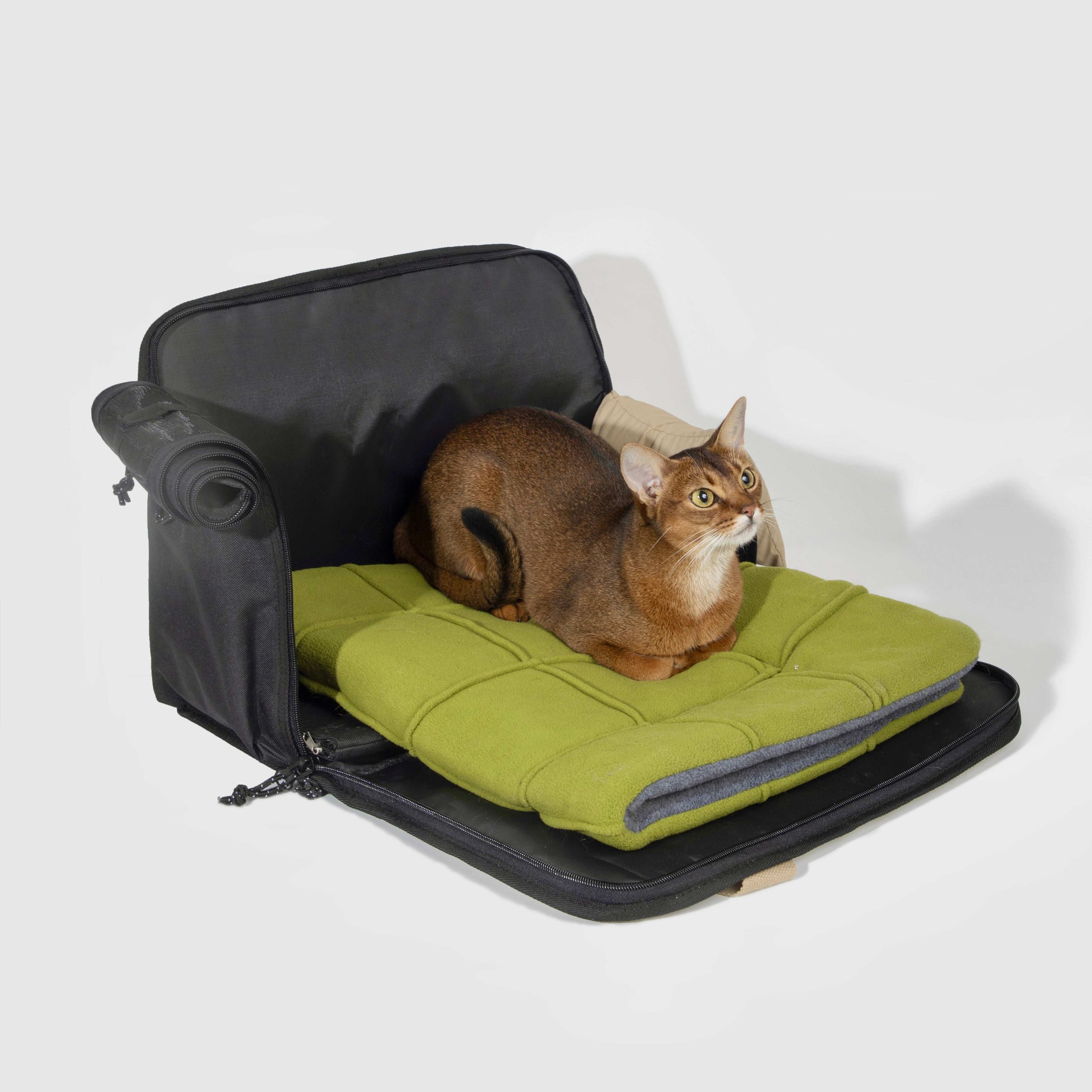 Cat resting on green cushion inside fully unzipped HiDREAM Sling Carrier. Converts into a burrow bed for stylish pet travel in Australia.