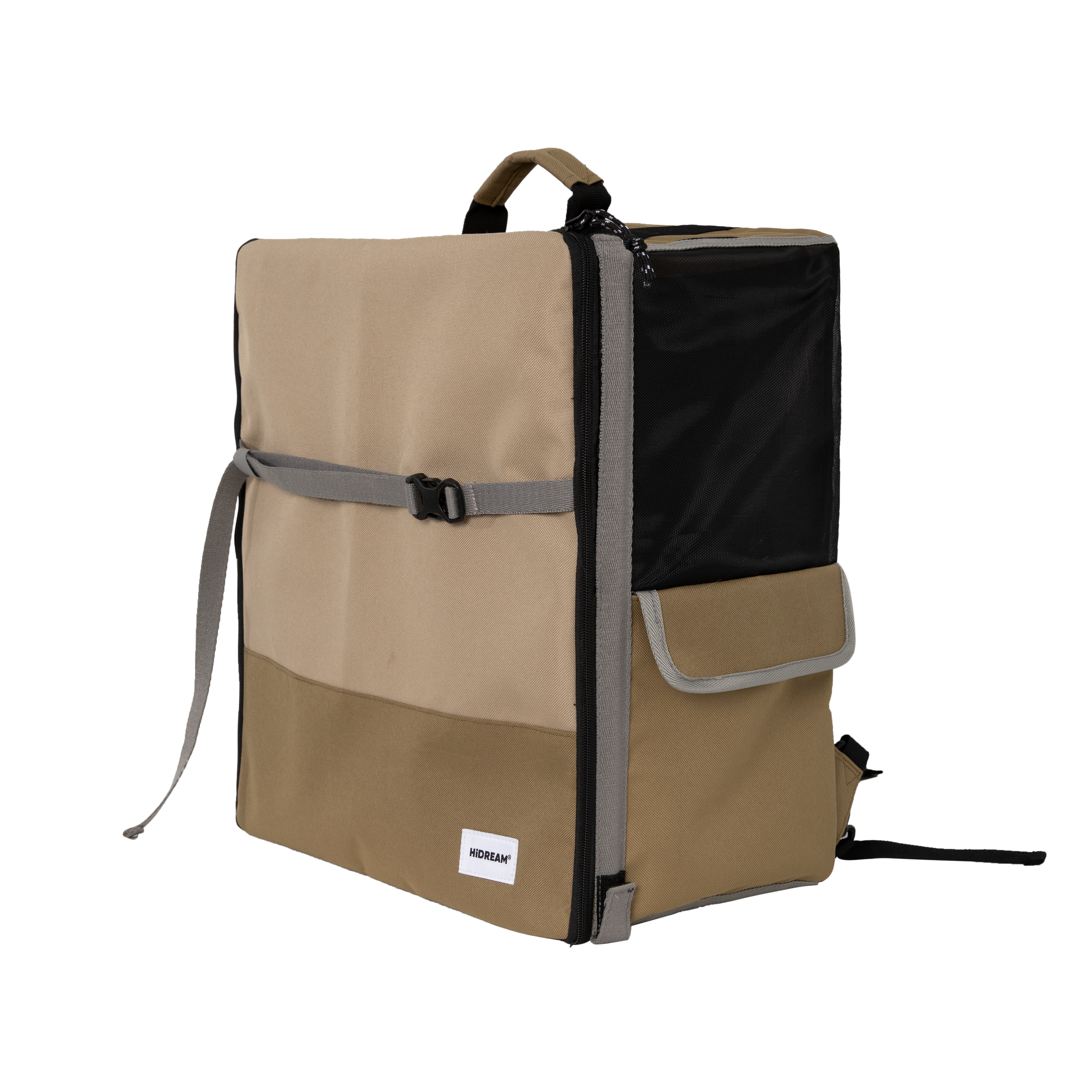HiDREAM Pet Car Seat Backpack – Dual Use Carrier for Small Dogs & Cats in tan and black, shown in upright backpack mode with side pocket.