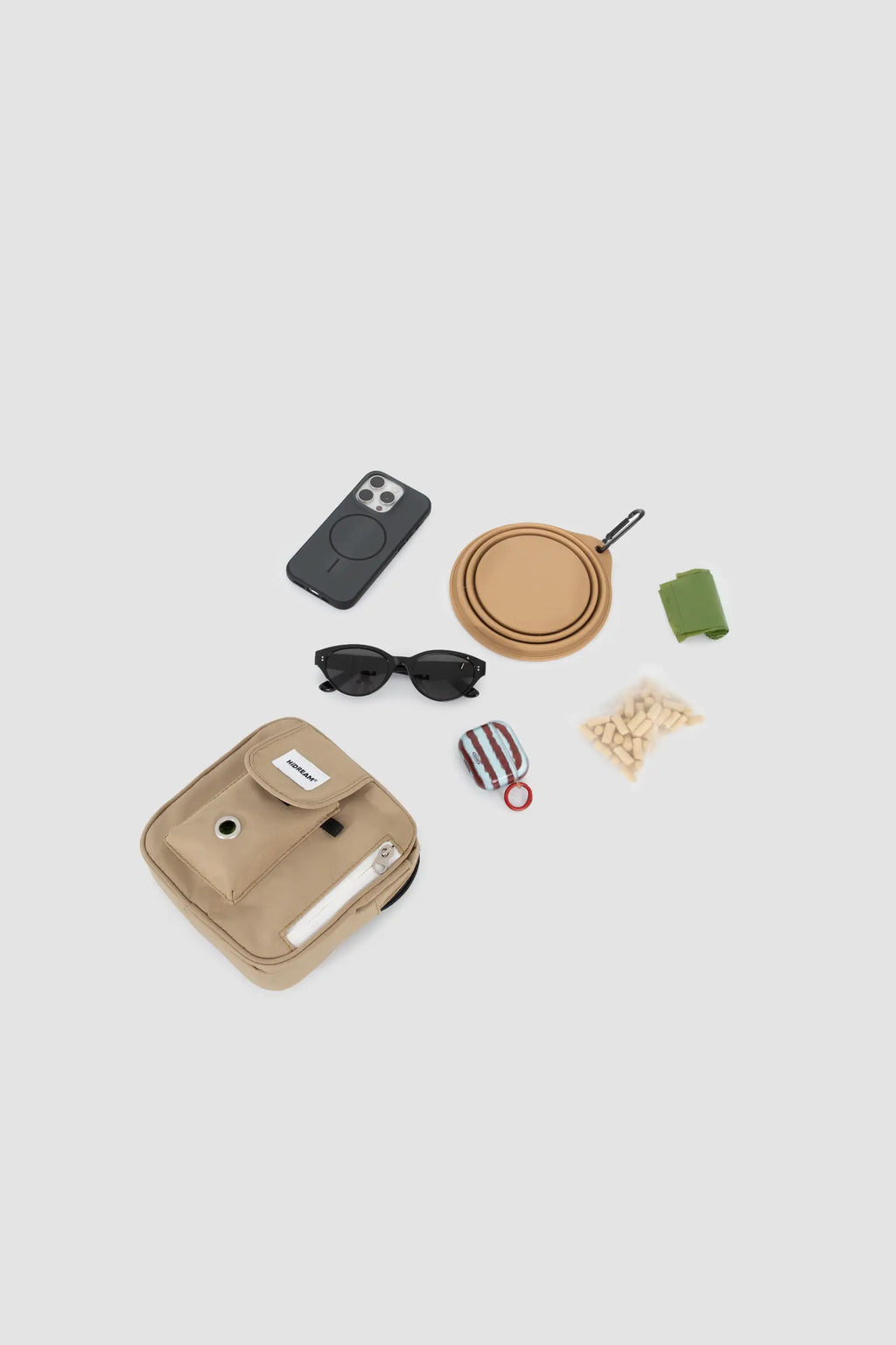 Terracotta Brown dog training waist bag with phone, bowl, keys and dog waste bags