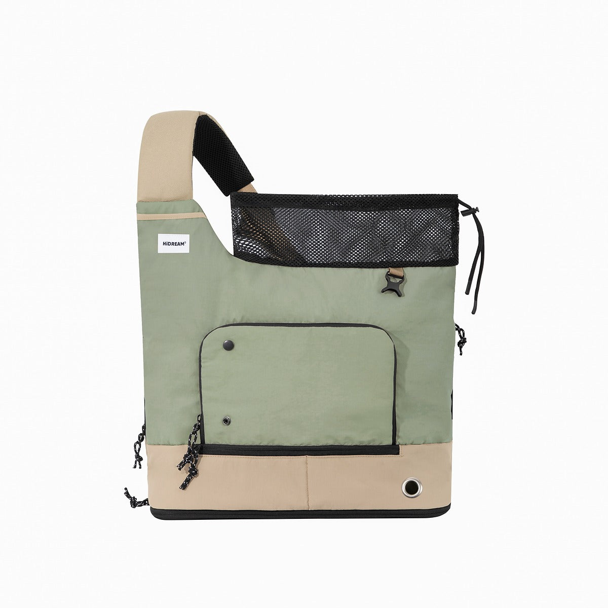HiDREAM Crossbody Travel Bag for Pets in green and beige, soft-sided, breathable mesh top, ergonomic design for pets up to 9kg.