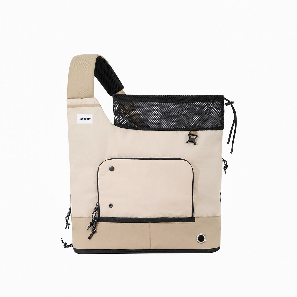 HiDREAM Crossbody Travel Bag for Pets in beige, featuring spacious interior, escape-proof mesh top, and front storage pocket.