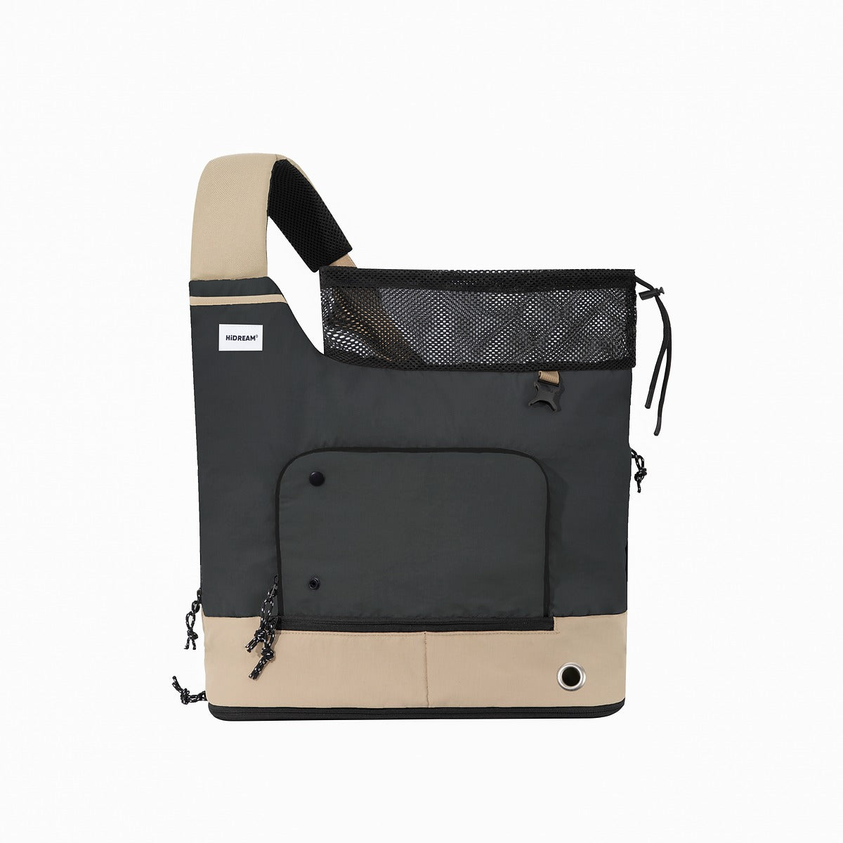 HiDREAM Crossbody Travel Bag for Pets in black and beige, soft-sided carrier with secure mesh closure and side ventilation hole.