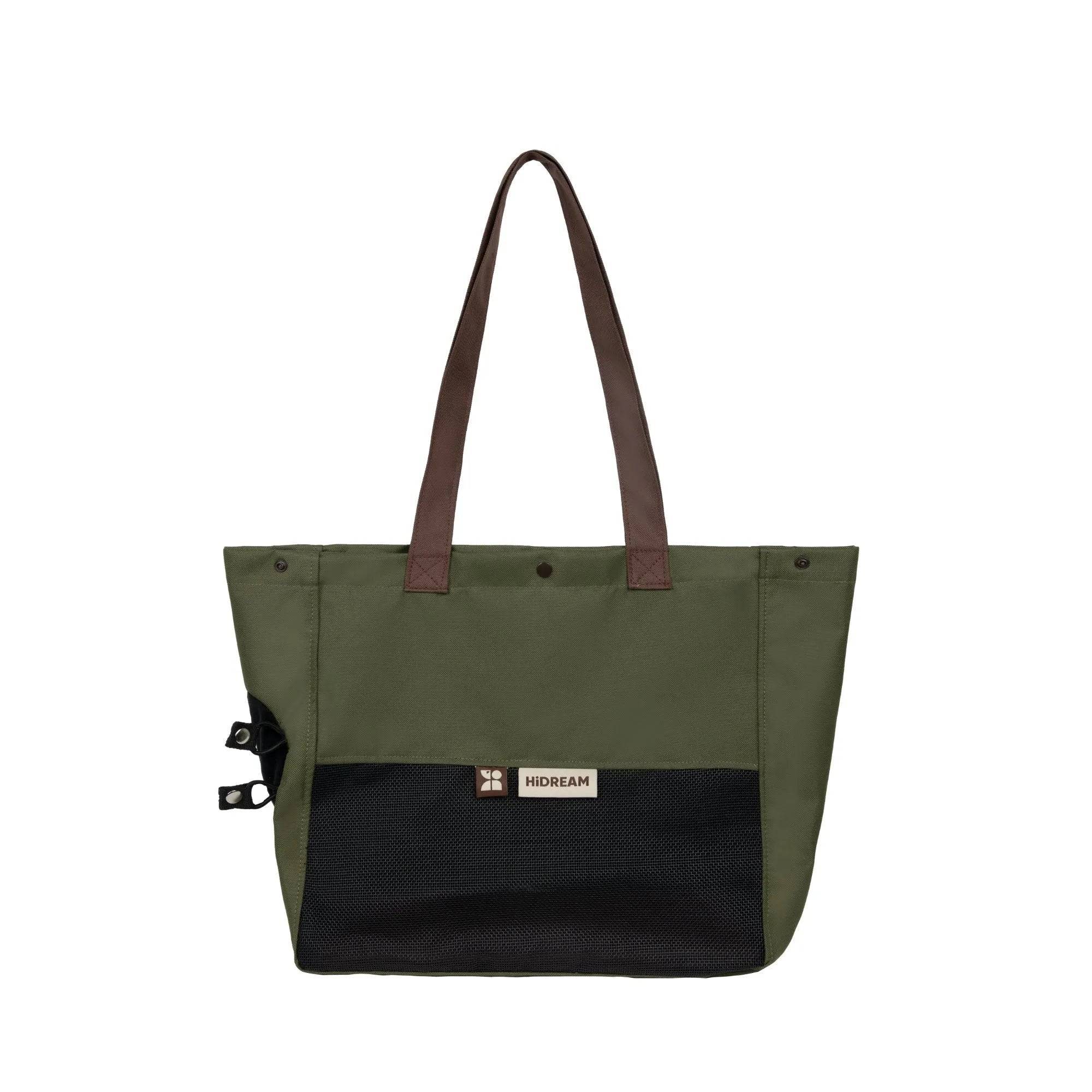 Front view of green HiDREAM Padded Tote Bag with mesh panel and brown handles, ideal for stylish and breathable pet carrying.