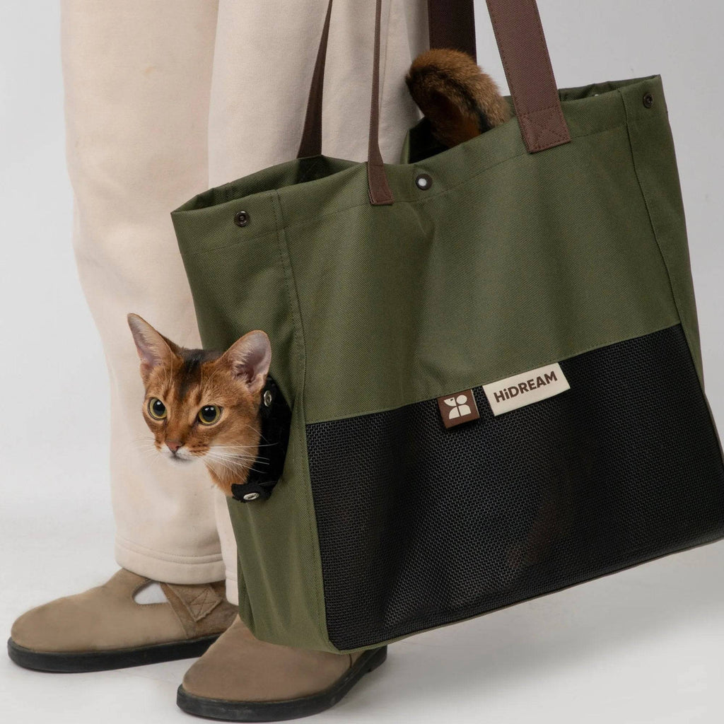 HiDREAM Padded Tote Bag in green used as a lightweight pet carrier tote for a cat, featuring breathable mesh and secure side opening.