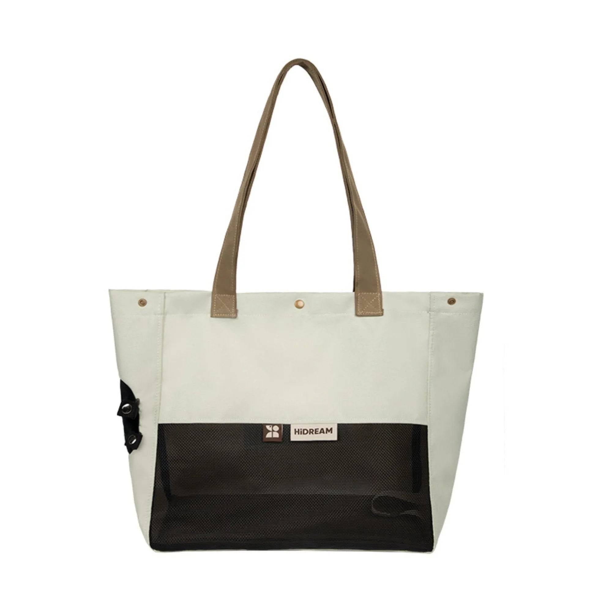 HiDREAM Padded Tote Bag in cream color with mesh front pocket, ideal soft-sided pet carrier tote for small dogs and cats up to 6kg.