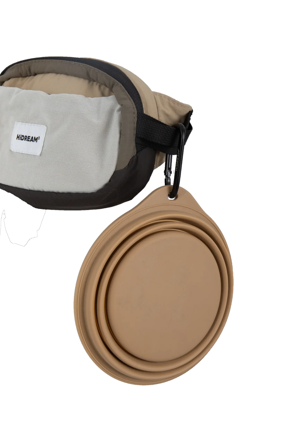 Side attachment loop on the dog walking belt bag holding a collapsible bowl