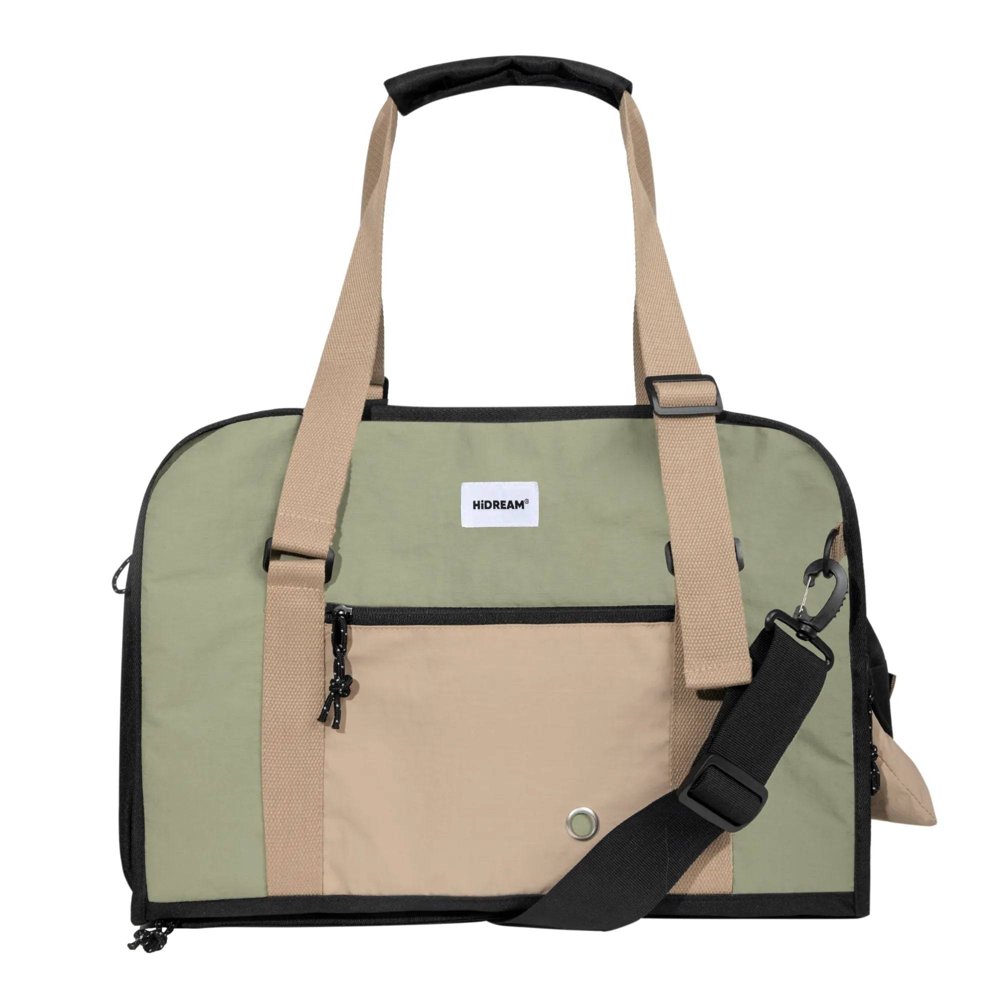 HiDREAM 3-in-1 Sling Pet Carrier in green and beige, designed for stylish pet travel in Australia. Features dual handles and front zip pocket.